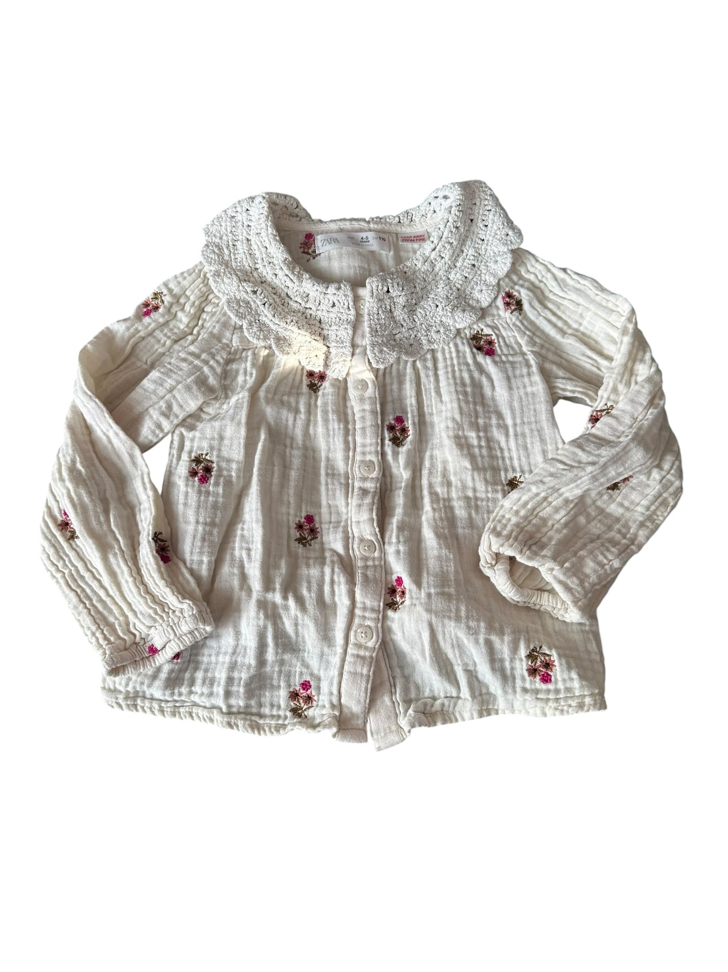 Zara Cotton Muslin Floral Top With Lace Collar - Size 4-5