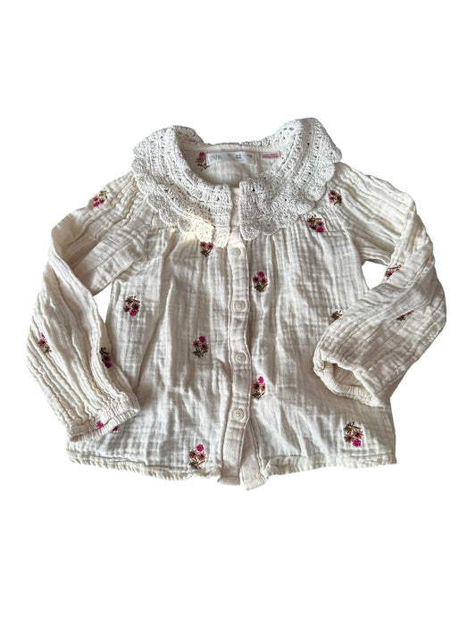 Zara Cotton Muslin Floral Top With Lace Collar - Size 4-5